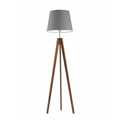 Lampa stojąca do salonu Aruba szara z abażurem drewniana trójnóg glamour Lysne 149 cm