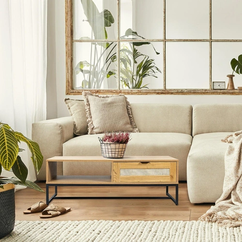 Stolik kawowy Capri prostokątny boho z rattanowym frontem i szufladą do salonu 120x60 cm