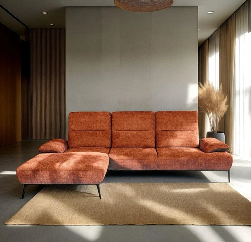 Nowoczesny narożnik do salonu Rasmus terrakota prawy z regulacją oparcia Intesi