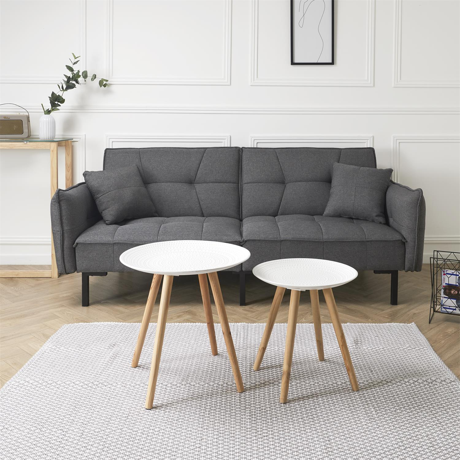 Zestaw 2 okrągłych stolików kawowych Intesi biały/naturalny skandynawski drewniany 2w1 do salonu