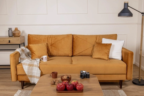 Sofa rozkładana z funkcją spania Saxo 2 osobowa do salonu nowoczesna żółta z pojemnikiem