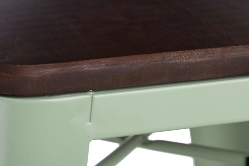 Hoker Paris Wood 75 cm zielony industrialny stołek barowy z drewnianym siedziskiem do wyspy kuchennej