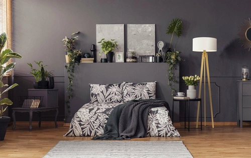 Lampa stojąca do salonu MIAMI szara abażur trójnóg drewniana hebanowa personalizowana Lysne