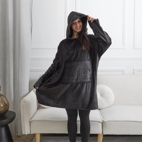 Intesi Snuddie czarny bluzo koc pluszowy z kapturem, ciepły koc na kanapę