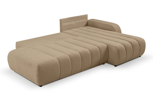 Narożnik z funkcją spania Hobro beżowy nowoczesny prawy do salonu z pojemnikiem