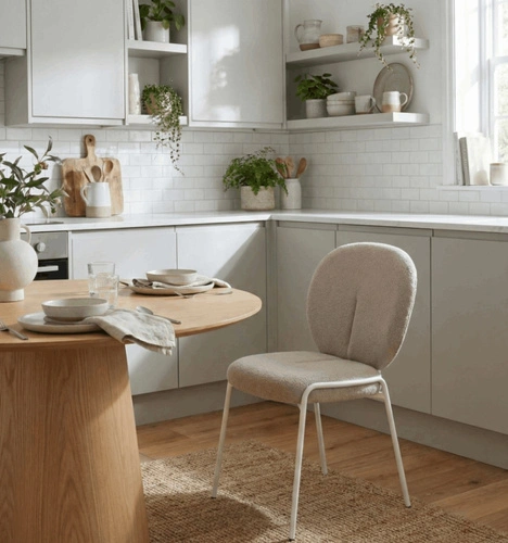 Krzesło tapicerowane Bianco szare boucle do jadalni i salonu na białych metalowych nogach