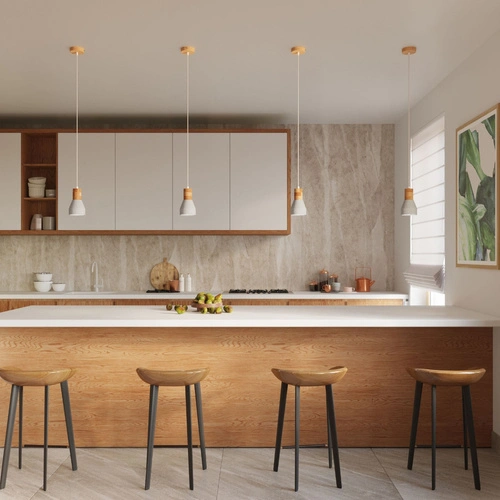 Lampa wisząca QUBIC szara betonowo-drewniana nad wyspę do kuchni i jadalni nowoczesna