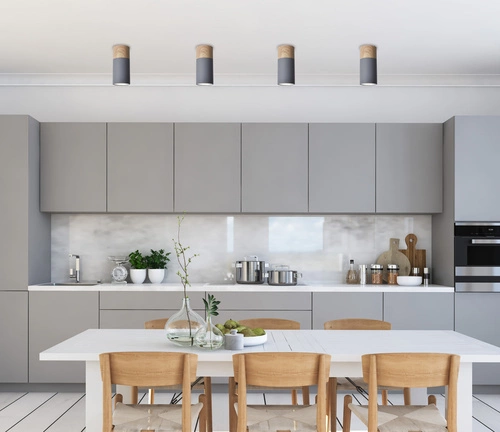 Szara lampa sufitowa Tuba z drewnem do salonu i kuchni nowoczesna pojedyncza 15 cm