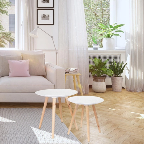 Zestaw 2 okrągłych stolików kawowych Intesi biały/naturalny skandynawski drewniany 2w1 do salonu