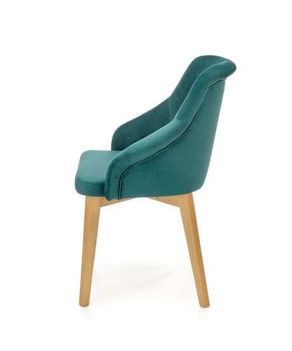 Krzesło tapicerowane welurowe Alain zielone z podłokietnikami do jadalni na drewnianych nogach