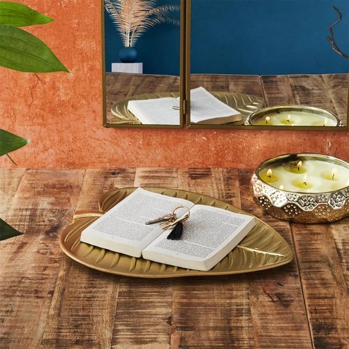 Taca dekoracyjna Liść Intesi złota nowoczesna do salonu glamour 30 cm MDF