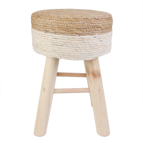 Stołek boho Bolsa biały i naturalny do salonu i sypialni drewniany miękki Intesi