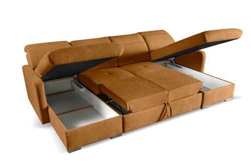 Narożnik Limi U z funkcją spania i pojemnikiem na pościel do salonu ochra