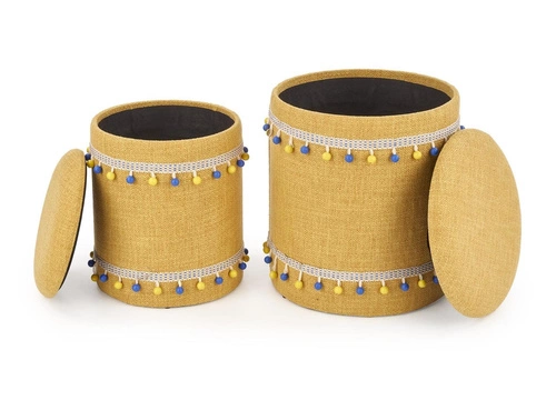 Zestaw 2 puf Eblis żółte okrągłe ze schowkiem do salonu i pokoju dziecięcego Intesi