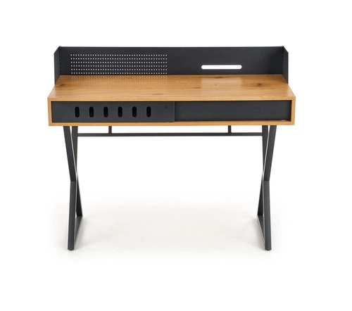 Biurko do pracy Inside industrialne z nadstawką i szufladą dąb złoty czarne 110 cm Intesi