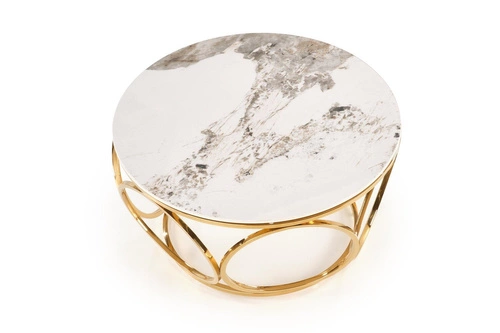 Stolik kawowy okrągły Deyn 80 cm biały marmur złoty nowoczesny glamour do salonu Intesi