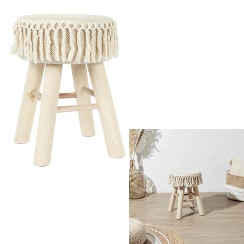 Taboret drewniany Pampa beżowy Intesi do salonu i sypialni w stylu boho i skandynawskim