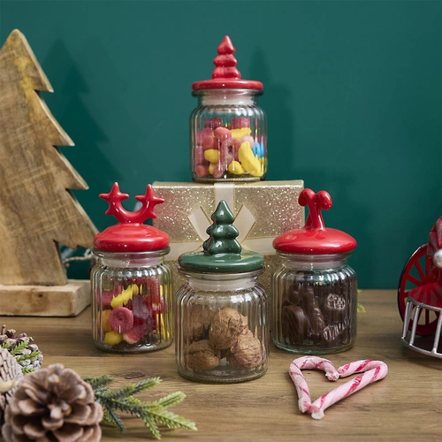 Szklany słoik świąteczny z pokrywką w kształcie lasek Intesi czerwony 125ml
