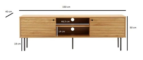Szafka RTV drewniana Lattes dąb 150 cm nowoczesna z lamelami na wysokich nogach do salonu