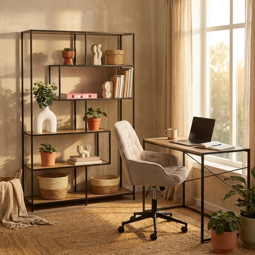 Regał na książki do salonu Seaford 4 loftowy dębowy z metalem 114 cm Intesi