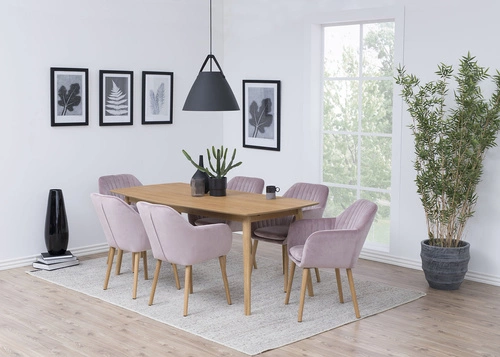 Krzesło do jadalni Emilia Actona welurowe różowe z podłokietnikami skandynawskie glamour