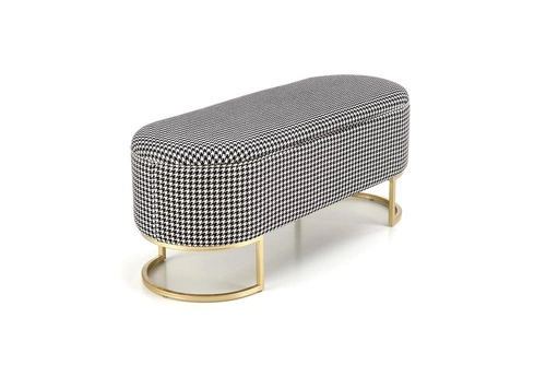 Ławka tapicerowana Edessa ze schowkiem do przedpokoju w pepitkę glamour na złotych nogach