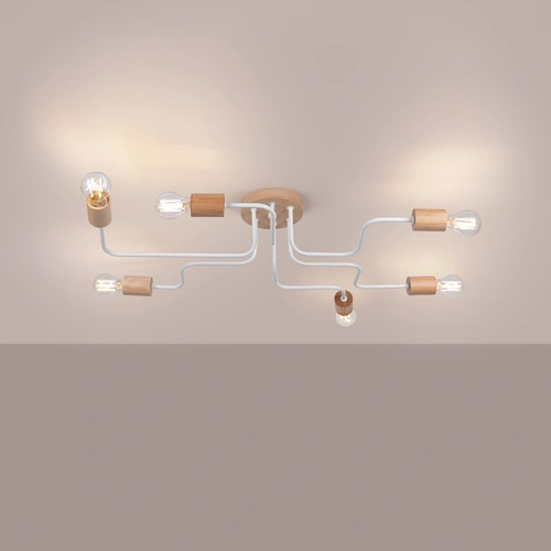 Żyrandol loftowy TIMBO 6 biały z drewnem do salonu nowoczesny żyrandol przysufitowy