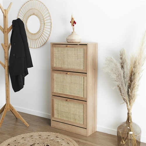 Szafka na buty Bali naturalna wysoka z trzema półkami i ażurowym frontem rattan boho