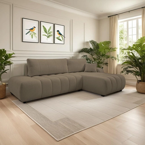 Narożnik z funkcją spania Hobro prawy szaro-brązowy nowoczesny do salonu z pojemnikiem