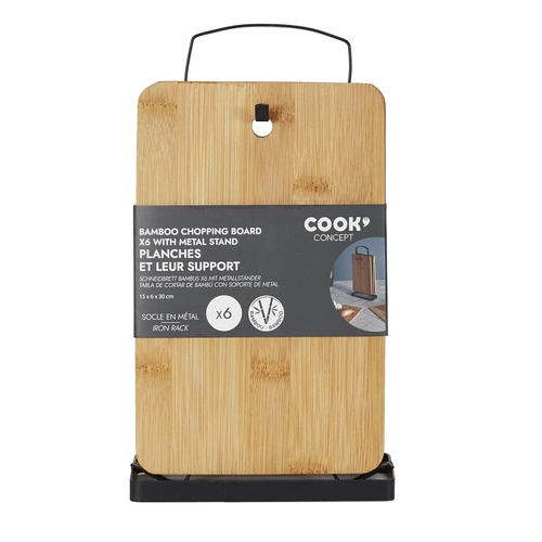 Zestaw 6 bambusowych desek do krojenia Intesi na stojaku do kuchni prostokątnych