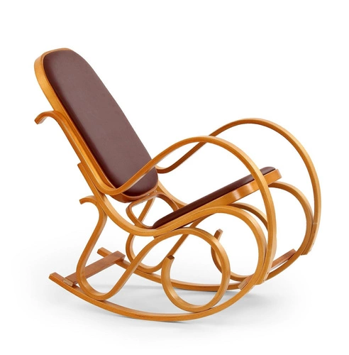 Fotel bujany Ferda Intesi retro na biegunach do salonu drewno olcha brązowy skóra ekologiczna