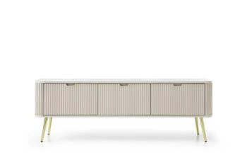 Szafka RTV Seda beżowa ryflowana z półkami na wysokich złotych nogach do salonu nowoczesna