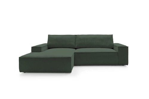 Narożnik sztruksowy z funkcją spania Molde M lewy zielony z pojemnikiem do salonu