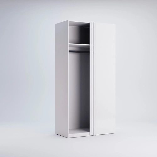 Szafa narożna Flory biała połysk nowoczesna przesuwna z półkami do sypialni