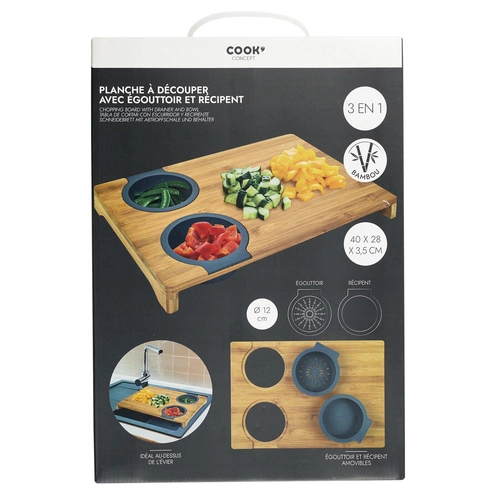 Intesi Bamboo nowoczesna deska do krojenia z miską i sitkiem do warzyw 40x28 cm