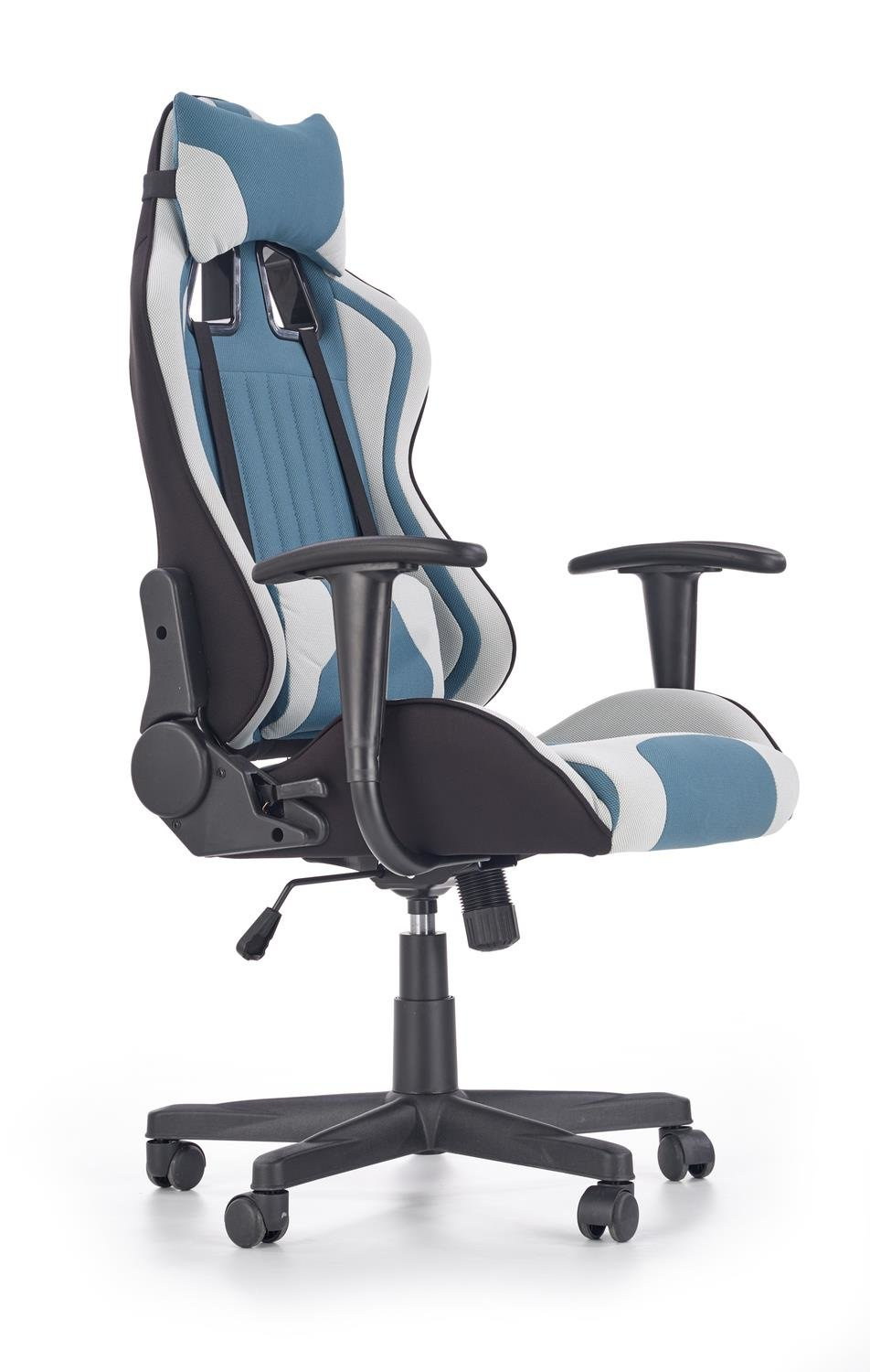 Fotel biurowy ergonomiczny Cayen Intesi szary niebieski z zagłówkiem do biurka obrotowy