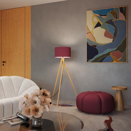 Lampa stojąca do salonu NATT burgund nowoczesna drewniana trójnóg z abażurem 140 cm