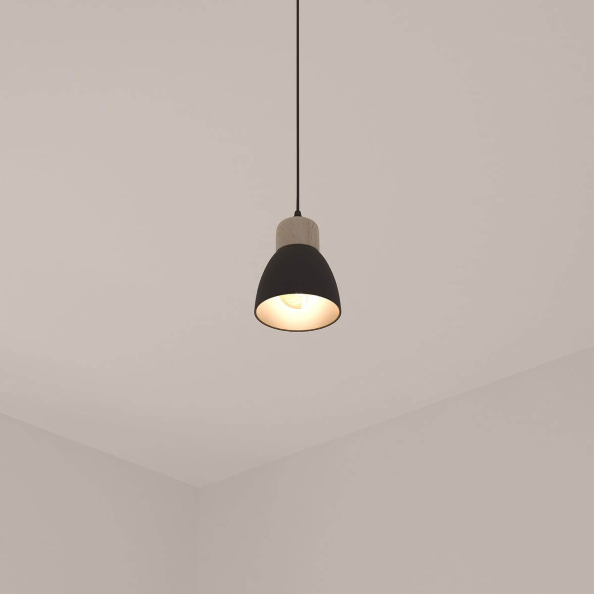 Nowoczesna lampa wisząca Desy czarna z drewnem do kuchni i jadalni Atmosphera