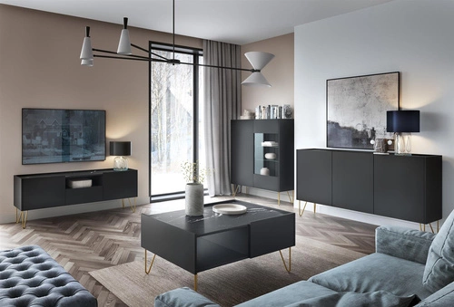 Komoda Marbren czarna glamour z wysokimi złotymi nogami 144 cm do salonu Intesi