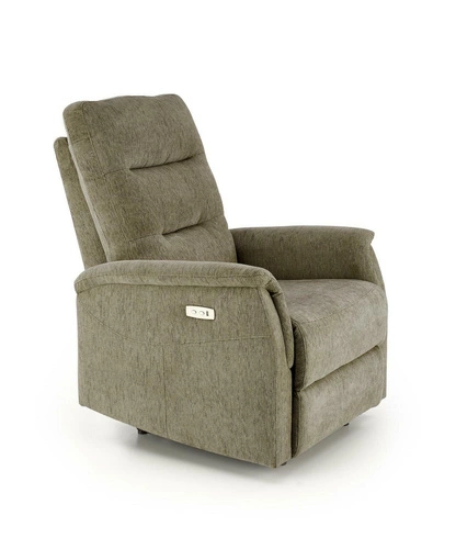 Fotel wypoczynkowy Tiala rozkładany do salonu z podnóżkiem i USB oliwkowy nowoczesny