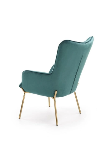 Fotel uszak Cabres zielony ciemny nowoczesny do salonu z podłokietnikami na złotych nogach