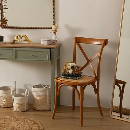 Krzesło drewniane Isak Atmosphera do jadalni vintage rattanowe brązowe sztaplowane