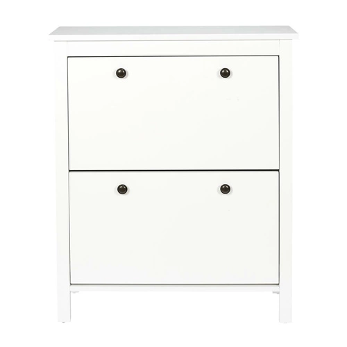 Wąska szafka na buty Meubl Intesi biała do przedpokoju, nowoczesna, z metalowymi uchwytami