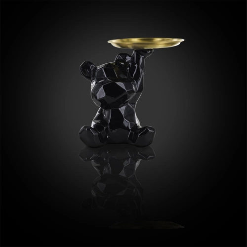Figurka dekoracyjna miś origami czarna ze złotą tacą ceramiczna do salonu Intesi