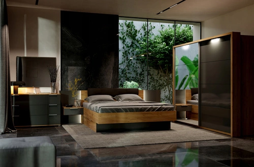 Łóżko tapicerowane do sypialni Lana 160x200 z szufladami i LED dąb szary nowoczesne