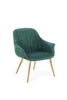 Fotel kubełkowy Dasco welwet zielony glamour do salonu z podłokietnikami na złotych nogach