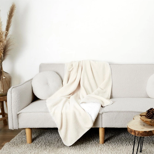 Pled Sherpa Intesi ciepły koc polarowy ecru 120x150cm na łóżko do salonu