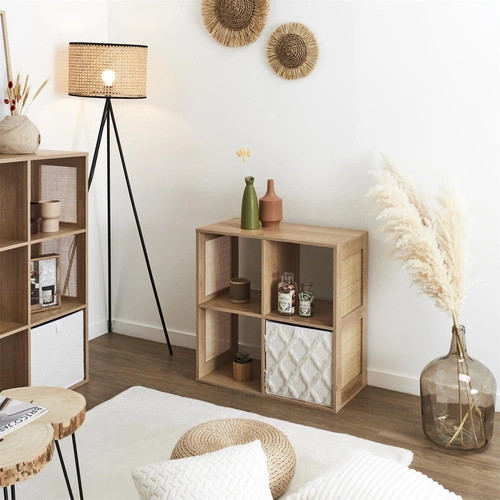 Regał na książki Kali 4 półki skandynawski z rattanu i MDF naturalny do salonu i sypialni