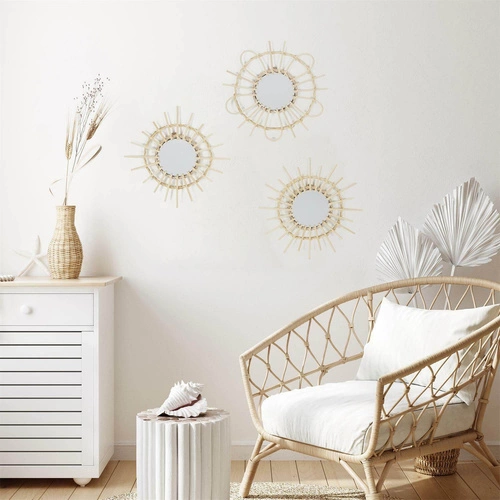 Zestaw 3 okrągłych luster rattanowych Lipsi boho wiszących do salonu i przedpokoju