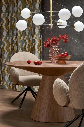 Stół okrągły do jadalni Obituar 136 cm nowoczesny orzechowy na jednej nodze Intesi